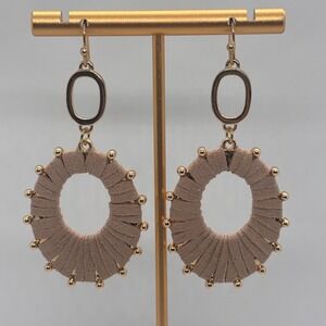 Boho Earrings Tan Suede Hoop Gold Tone Oval Dangle Statement